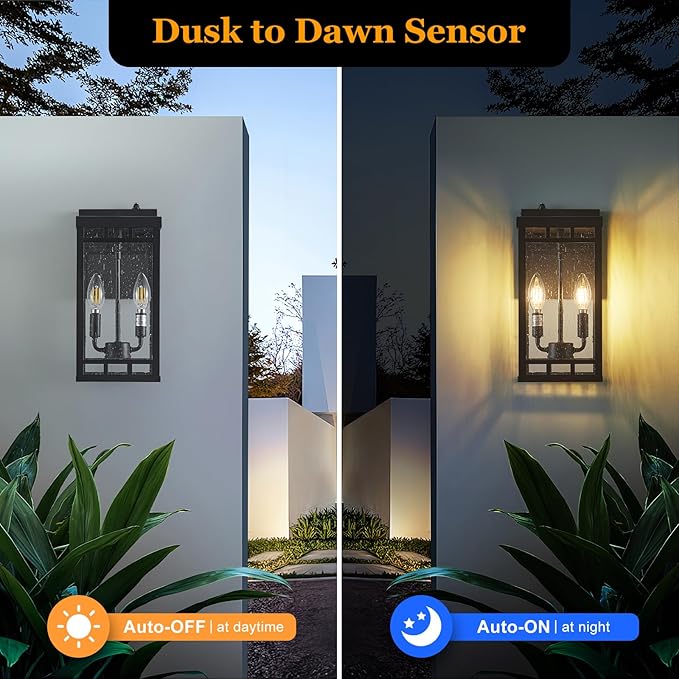 13.5” Dusk to Dawn Sensor Outdoor Wall Lights - 2-Light Large Exterior Lighting Fixtures, Waterproof Porch Lights for Garage, Front Door, Patio & House, Porch Light with E12 Base,Matte Black,1 Pack