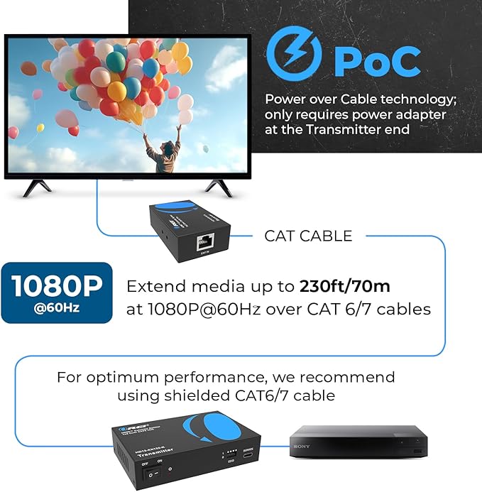 OREI 1x2 HDMI Extender Splitter Over Single Cable CAT6/7 1080P EDID Management - Up to 132 Ft - Loop Out - Low Latency
