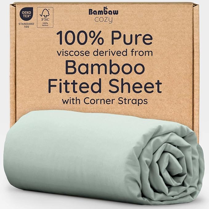 Bambaw 100% Viscose Derived from Bamboo Fitted Sheet Twin Size, 15’’ Deep Pocket Twin Fitted Sheet Only with Corner Straps, Cooling & Soft (Sea Glass)