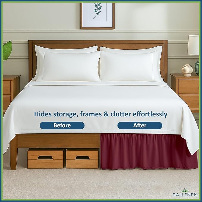 Rajlinen Ruffled Bed Skirt Twin XL, 14 Inch Drop Dust Ruffle with Split Corners, 100% Microfiber Bedskirt with Platform, Three-Sided Coverage Ruffled Gathering Design, Burgundy