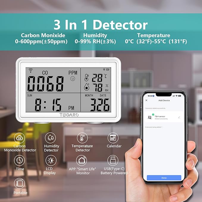 Tuya WiFi Carbon Monoxide Detector Plug in with Temperature & Humidity,3-in-1 Portable CO Detector for Travel Hotel Home Gym Cellar RV Safety,Carbon Monoxide Alarm with Real-Time CO Monitor Display
