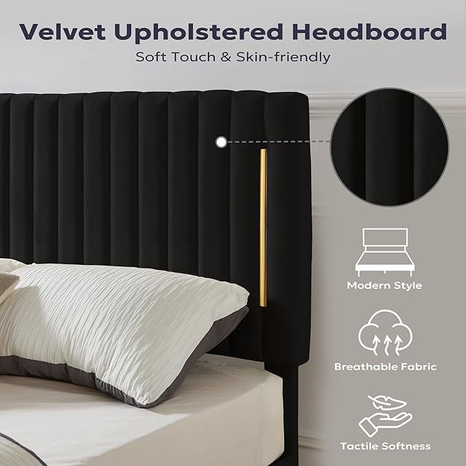 Twin Platform Bed Frame, Velvet Upholstered Bedframe with Vertical Channel Adjustable Headboard, Golden Plating Trim, Mattress Foundation with Wooden Slats, No Box Spring Needed, Black