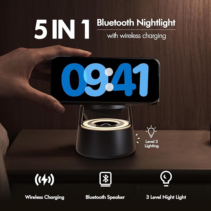 5 in 1 Magnetic Wireless Charger Bluetooth Speakers and Night Light for Apple Mag Safe iPhone 17 16e 16 15 14 13 12 Pro Max iWatch and AirPods Fast Charging Station Gift Ideal for Men Teenage Boys