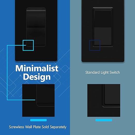 LIDER Black Minimalist Decorator Switch, Frameless Light Switch, On/Off Rocker Switch, Single Pole, Residential Grade, 3 Wire,15A 120-277VAC 10 Pack