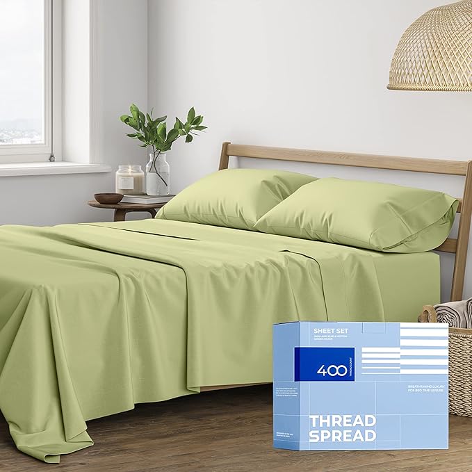 THREAD SPREAD 400 Thread Count King Cotton Sheets - 4 PC King Size Bed Sheet Set Cotton (Herb Green), Soft, Cooling, Hotel-Quality 16" Deep Pocket Sateen Bedsheet for Hot Sleepers (Fits 18" Mattress)