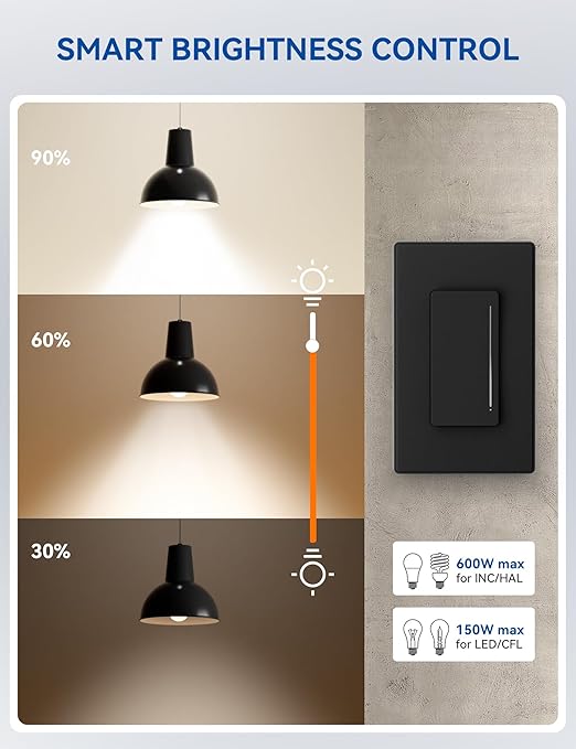 ELEGRP Smart Dimmer Light Switch DTR30, Single Pole or 3 Way, 2.4GHz Wi-Fi Touch Dimmer Compatible with Alexa/Google Assistant, Needs Neutral Wire, No Hub Required, UL and FCC Listed, Black, 1 Pack