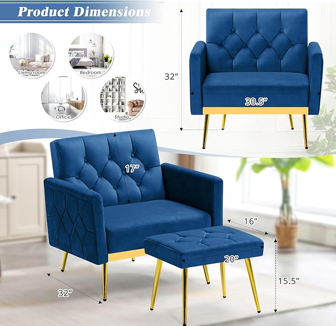 Velvet Accent Chair w/Adjustable Armrests and Backrests, Tufted Single Sofa with Ottoman, Upholstered Reading Chiar for Living Room, Apartment, Bedroom, Blue