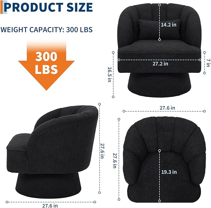 GarveeHome Modern Swivel Barrel Accent Chair, 360° Teddy Fabric Upholstered Armchair with Striped Backrest & Plush Padding, Comfy Round Lounge Chair for Living Room, Bedroom, Reading Nook, Black