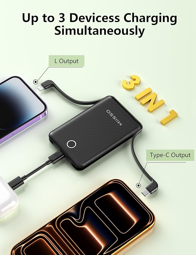 miisso 10000mAh Mini Portable Charger with Built in Cable, Pocket Size Power Bank Travel External Battery Pack for Phone, 3 Output USB Type C Cord Clutch Compatible with iPhone, Samsung, Black