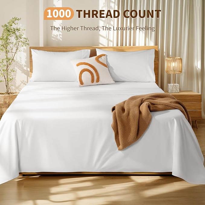 LBRO2M 100% Cotton Sheets Set Deep Pocket 19", 1000 Thread Count Queen Size 4 Piece Bed Sheet Sets Soft Comfortable Bedding All Season (Queen, White)