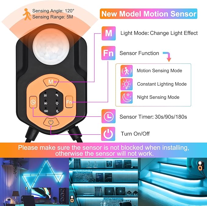 Motion Sensor LED Light Strip Indoor 9.84ft/3M, Under Bed Lights RGB Color Changing | Music Sync | App & Remote Control | USB 5V Dimmable | Night Lights for Bedroom, Stair, Cabinet Decor Decor