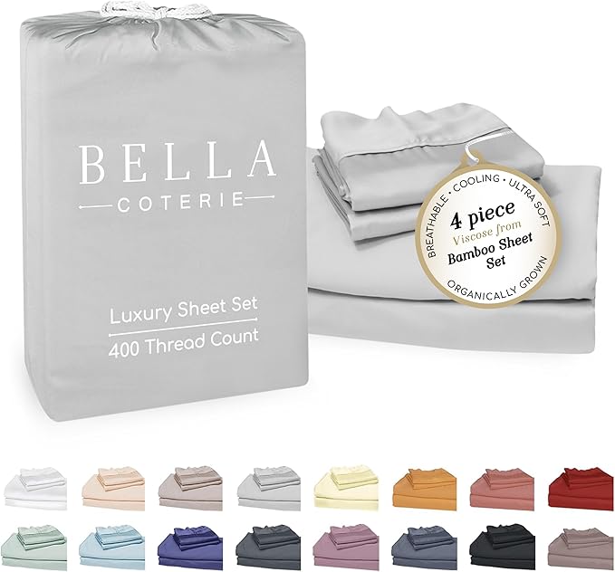 Bella Coterie Luxury Bamboo Viscose Queen Size Sheet Set | 100% Organically Grown | Ultra Soft | Cooling for Hot Sleepers | 18" Deep Pocket [Grey Mist]