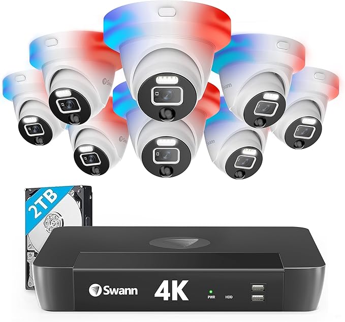 Swann 4K UHD Home Security Camera System, 16Ch NVR with 2TB HDD, 8 Indoor Outdoor Dome IP Cameras, PoE Wired, Video Analytics, 2-Way Audio, Sirens, Color Night Vision, True Detect, 24/7,1689808D