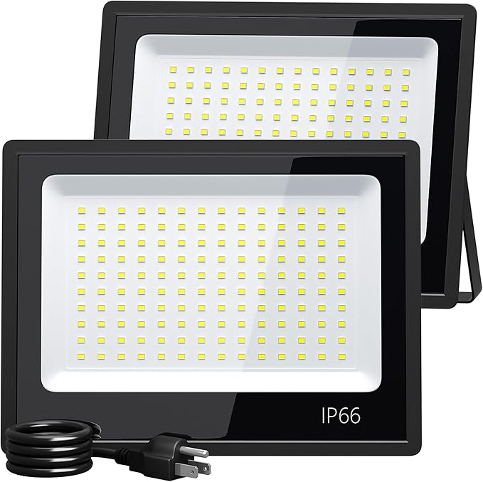 XXBSAZ 100W LED Flood Lights Outdoor, Plug-in & Hardwired Security Lights, IP66 Waterproof 6500K Daylight for Driveway, Garage & Backyard (2 Pack)