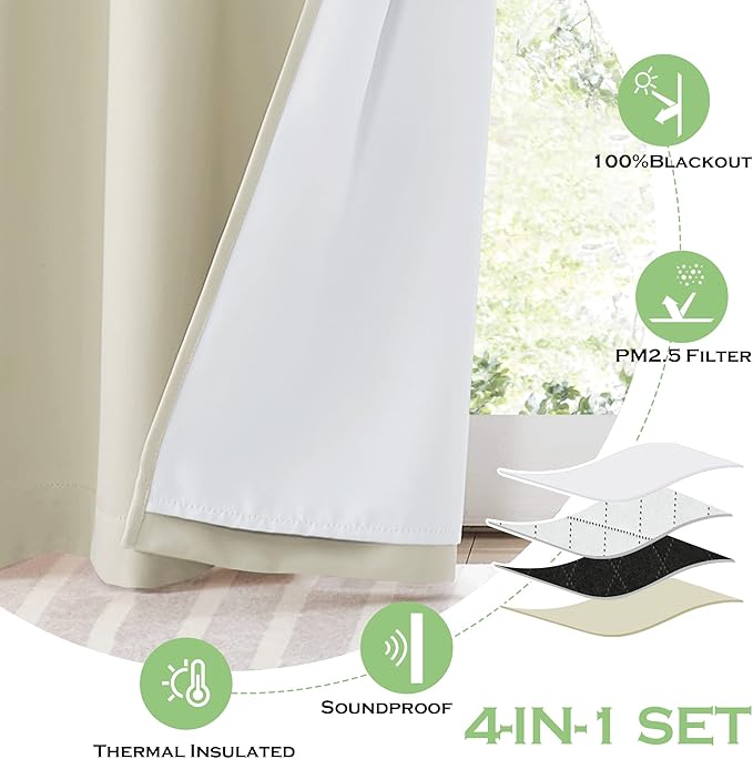 KGORGE Anti Dust Soundproof 100% Blackout Curtains 4 Layers Heavy Duty Energy Efficiency Window Curtains for Living Room Baby Bedroom Home Office Studio, W 52 x L 95 inches, Cream Beige, 2 Panels