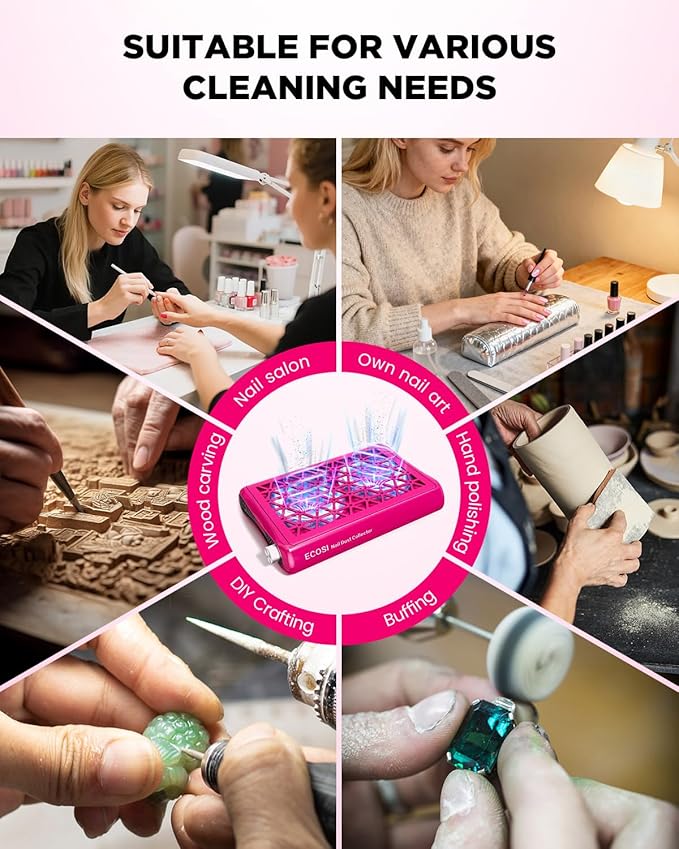 ECOSI Nail Dust Collector, Dual Turbo & 1600PA Professional Vacuum Fan Dust Extractor with 30 Pcs Filter Papers, 8000RPM 10-Level Adjustable Suction for Manicure, Salon Nail Tech & Home