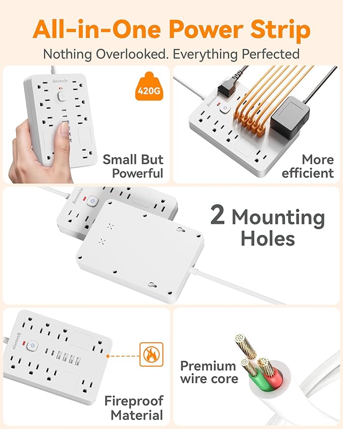 Bawmwim Surge Protector Power Strip - 8 Outlets(1850W/15A) with 6 USB Ports（2 USB C, 10FT Flat Plug Extension Cord, Wall Mount Multi Plug Outlet Extender, ETL Listed for Home, Dorm Room, White