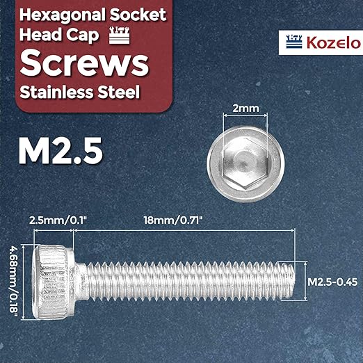 Kozelo 30pcs Socket Head Cap Screws - [M2.5-0.45 x 18mm] 304 Stainless Steel Allen Socket Drive for Electrical Motor 3D Printing Fan Engine Replacement Use, Silver
