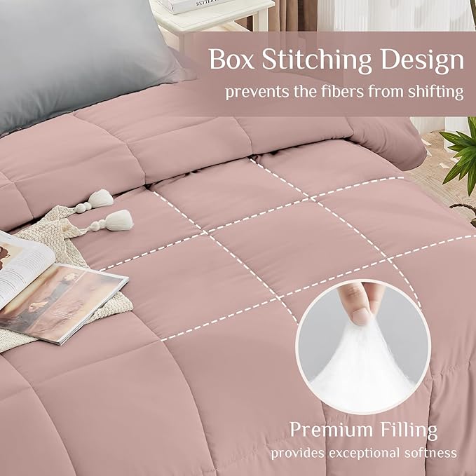 JOLLYVOGUE Full Comforter Set, Ultra-Soft Bed in a Bag Full Size 7 Pieces, Oeko-TEX Certified Bedding Set with Down Alternative Comforter, Sheets, Pillowcases & Shams, Pink & Light Grey