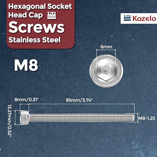 Kozelo 4pcs Socket Head Cap Screws - [M8-1.25 x 95mm] 304 Stainless Steel Allen Socket Drive for Electrical Motor 3D Printing Fan Engine Replacement Use, Silver