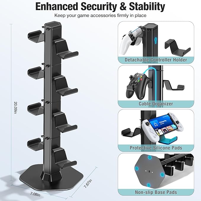 Controller & Headset Holder Stand for Desk, with Charger Cable Organizer Headphone Stand for PS5/ Xbox/ PS4/ Switch, Metal Base Controller Hanger Hook for Storage Earphones, Game Console, Mobile Phone