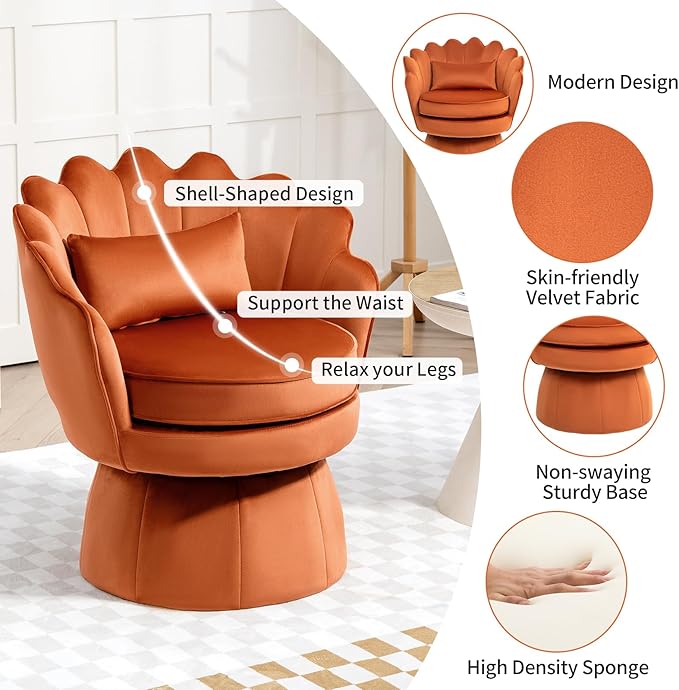 360° Swivel Accent Chair, Mid-Century Modern Velvet Barrel Chair, Comfy Shell Shape Arm Chair with Lumbar Pillow for Living Room, Bedroom, Office, Orange