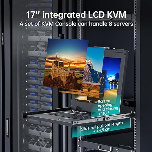 MT-VIKI Rack KVM Monitor Switch 8 Port w/17'' LCD Monitor, Fit 1U 19'' Rack, Integrated with Keyboard+Touch pad+Drawer+8 KVM Cables, Support OSD/Hotkey/Button