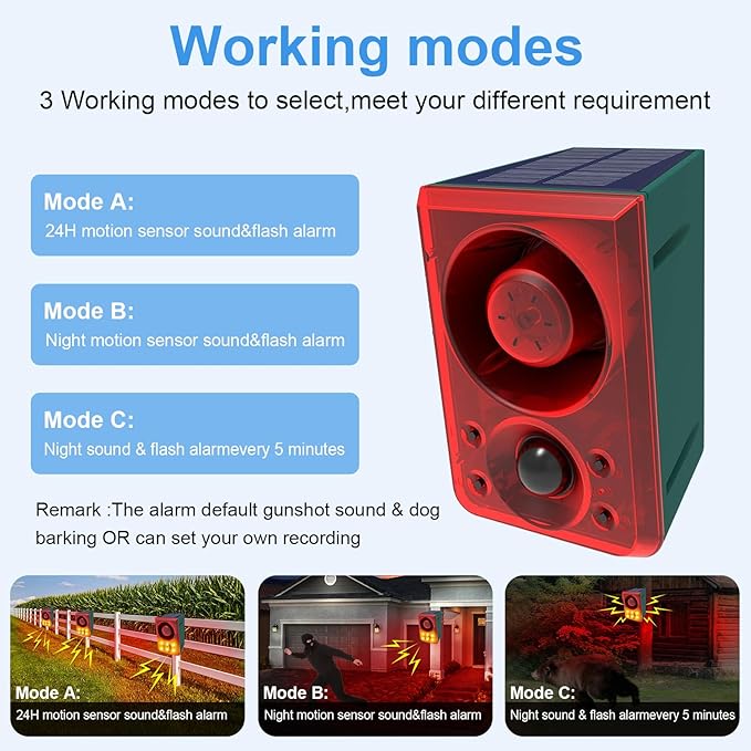 ChunHee Solar Outdoor Motion Sensor Alarm with Dog Barking Gunshot Sound, Support Recording and Adjustable Volume, 130db Loud Noise Maker 3 Work Modes Strobe Light for Home, Villa, Farm, Barn (4pack)
