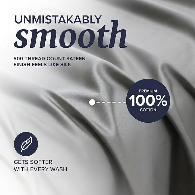 Beckham Hotel Collection Queen Sheet Set 100% Cotton, 500TC Luxury Sateen Bedding, 16” Deep Pocket, Moisture-Wicking, 4-Piece, Dark Gray