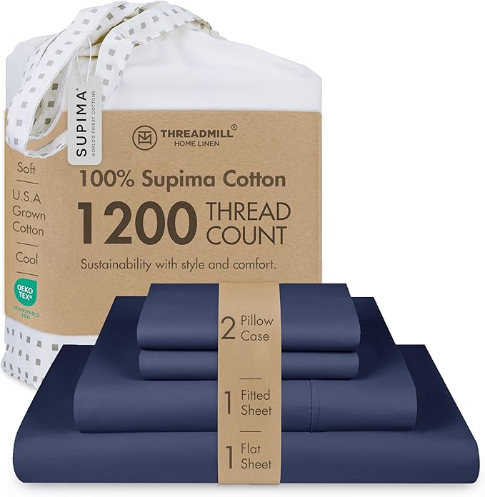 Threadmill Luxury Full Size Sheets for Full Size Mattress, 1200 Thread Count Supima Cotton Sheet, 5-Star Hotel Quality 4 Piece Bed Sheets with Extra Deep Pocket, Folkstone Blue