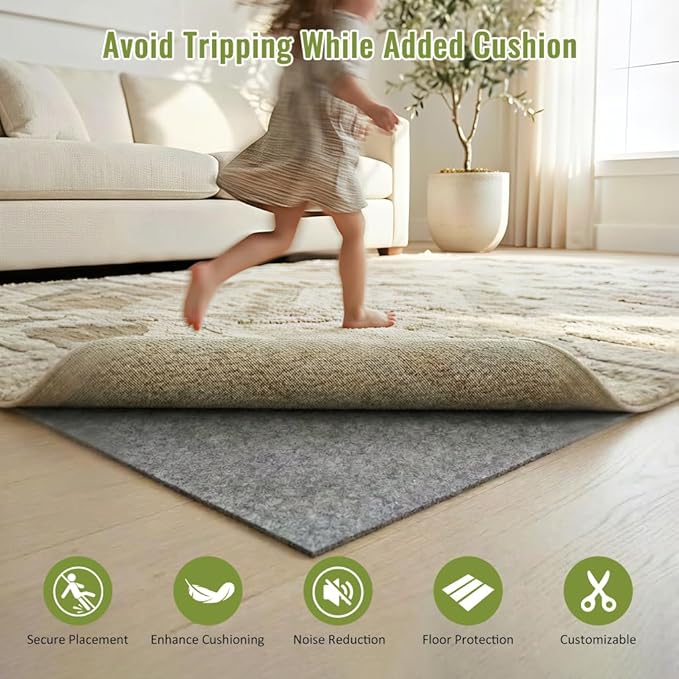 Felt Rug Pad with Gripper Dots, 9x12 Ft Non-Slip Rug Underpad with PVC Backing, 1/6" Thick Cushioned Carpet Pad Gripper for Hardwood Floors, Vinyl & Tile, Under Rug Padding Floor Protection