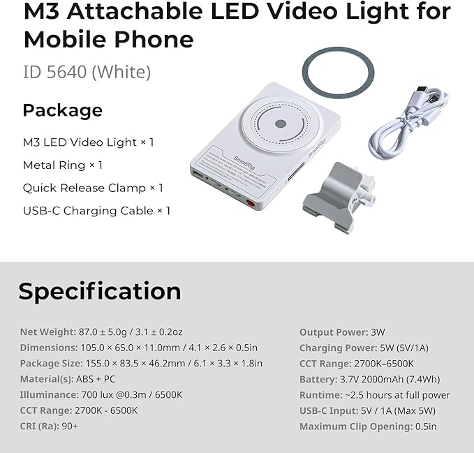 SmallRig M3 Magnetic Selfie Phone Light with Clip, 120 LEDs 2000mAh Rechargeable, 2700K-6500K, Portable Content Creators Fill Light for Video Recording, for iPhone/Laptop/Camera/Webcam (White) - 5640