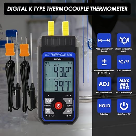 Thermocouple Thermometer Digital K Type Thermometer with 4 Thermocouples, -328~2500℉ Measuring Range HVAC Dual Channels Temperature Meter Gauge with LED Backlight & ADJ Compensation