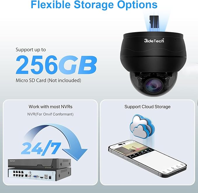 JideTech 10X Hybrid Zoom 4K 8MP Outdoor PTZ IP PoE Dome Camera Indoor, Auto Tracking, Human/Vehicle Detection,Pan Tilt Security Camera with 65ft IR Night Vision, 24/7 Recording, IP66, for Onvif NVR