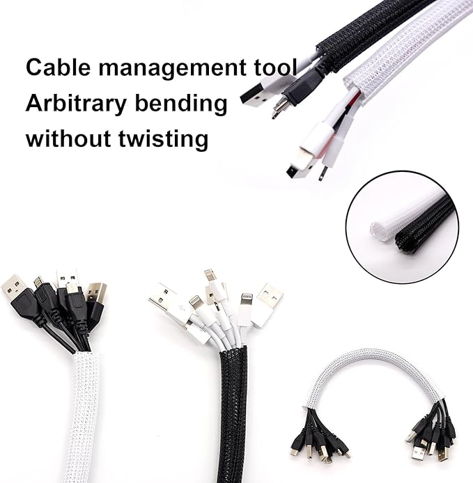 QCSIW 3/4" 25ft Expandable Braided Cable Sleeve Split Wire Loom Tubing – Pet-Proof Cord Protector for USB, Power Cords, Audio/Video Cables – Durable Wire Management Sleeving Black