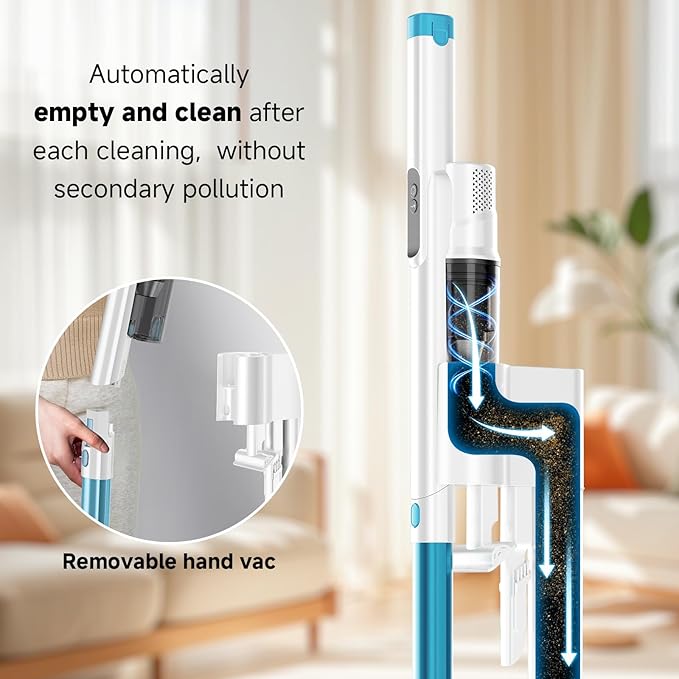 AKAVAC Cordless Stick Vacuum Cleaner with Auto Empty System Self-Charging Base, Powerful Suction for Pet Hair on Carpet & Hardfloor, Lightweight Anti-Tangled Handheld Vacuum, HEPA Filtration, Blue