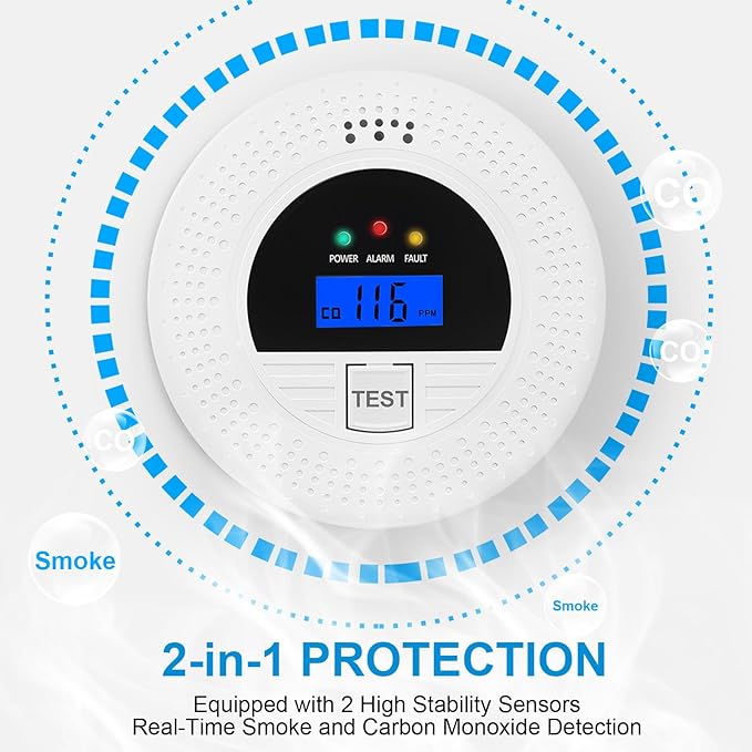 Combination Smoke and CO Detector with Battery Operated, Test Button, LCD Display