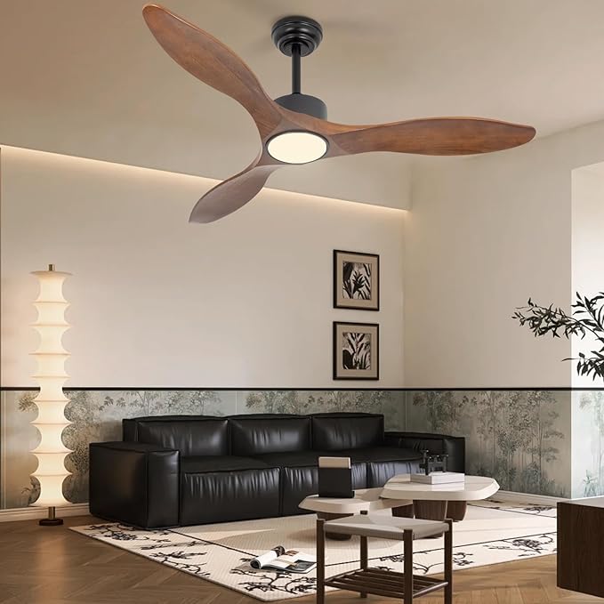 revoici 52 Inch Brown Wood Ceiling Fan with Light and Remote, 6 Speed and Reversible DC Motor, 3 Blade Low Profile Flush Mount Mordern Wood Ceiling Fans for Living Room Bedroom Outdoor Patio