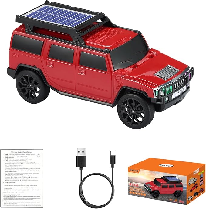 WSTER WS-696 Solar Bluetooth Replica Speaker – Portable Modern Off-Road Car Design with HD Sound, TWS, LED Party Light, USB/TF Playback, FM, Built-in Microphone, Surprise Gift(Red)