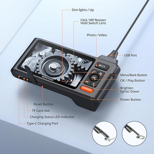 Triple Lens Borescope Tool, DEPSTECH 5" IPS Screen Endoscope Camera with Lights, 1080P Sewer Inspection Camera & Split Screen, 180° Rotation, IP67 Snake Cable, Gadget for Automotive Mechanical Repair