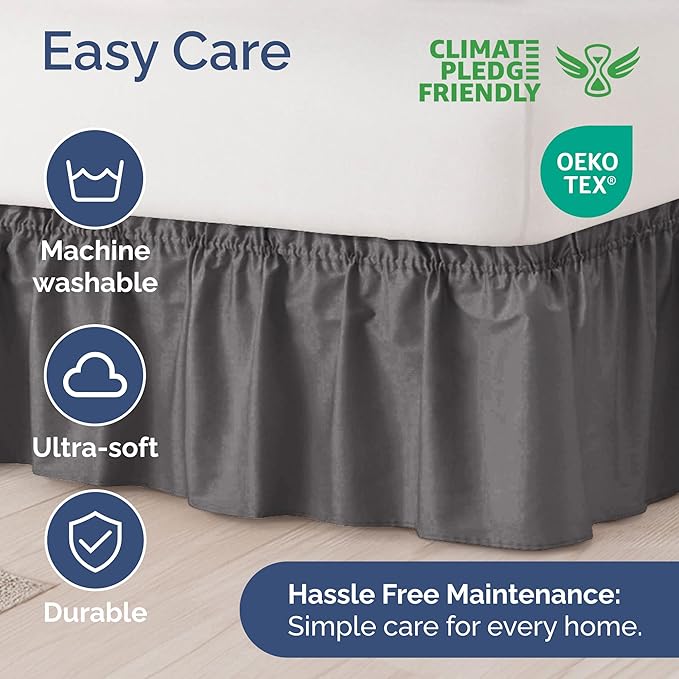 Wrap Around Dust Ruffle Bed Skirt - Dark Grey - for Full Size Beds with 24 Inch Drop - Elastic Strap - Adjustable Pleated Bedskirt with Brushed Fabric and Wrinkle Free - for Women, Men, Kids & Teens