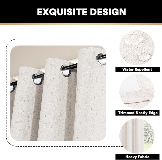 PrinceDeco 100% Blackout Curtains 63 Inch Length for Bedroom Faux Textured Linen Look Window Curtains Sun Heat Blocking Linen Curtains Thermal Insulated Burlap Curtain & Drapes, Set of 2, Ivory