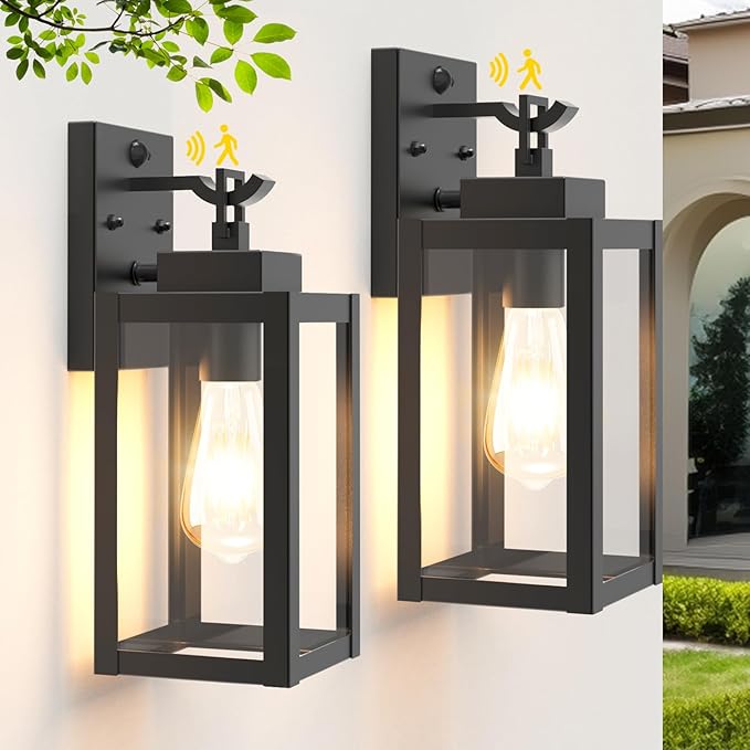 LTBLIGHT 2-Pack Motion Sensor Outdoor Wall Light Fixtures, Modern Black Dusk to Dawn Porch Light Lantern with 3 Modes, Waterproof Exterior Lighting for House, Patio, Garage, Front Door