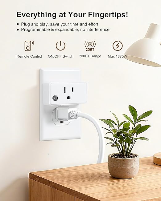 TREEWELL Remote Control Outlet with All On/Off Switch, 200FT Long Range Wireless Light Switch, Compact Design, 15A/1875W High-Power for Lights, Fans, Household Appliances, FCC & ETL Listed