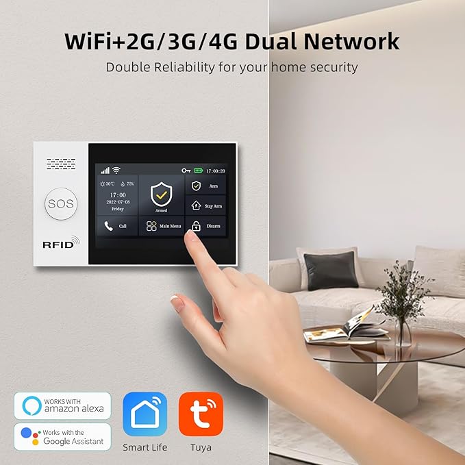 LWOHSI Home Security Systems,Wireless 4.3" Fulltouch Screen Home Alarm Kits with 2MP HD Security Camera,GSM 4G /Tuya APP Real-Time Alerts,Door Sensors,SOS,Work with Alexa&Google for Villa,Apartment