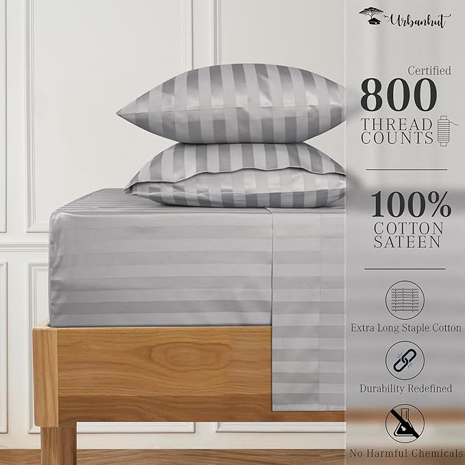 URBANHUT 800 Thread Count 100% Cotton Damask King Size Sheets, 4 Piece Striped King Size Bedsheets, Luxury Hotel Sheets Sateen Weave - Better Than Egyptian, 16" Elasticized Deep Pocket- Silver Grey