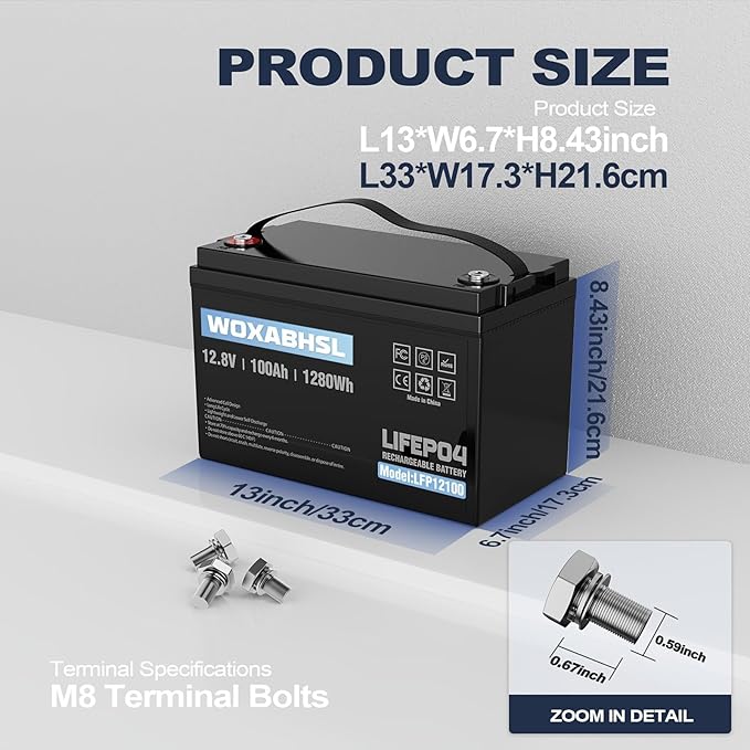 WOXABHSL 2PCS 12V 100Ah LiFePO4 Lithium Battery, Built-in 100A BMS, 15000+ Deep Cycles, Max 1280W Power Output, FCC&UL Certificates, Perfect for RV, Solar, Marine, Off-Grid