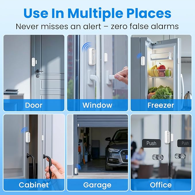 Sanjie Door Alarm with Instant and Delayed Alerts 30s/1min/2min/4min, Door Window Ajar Alarms for Kids Safety/Home Security, Volume 0-120dB, Left Open Alert for Freezer Fridge Home, 2 Sensor