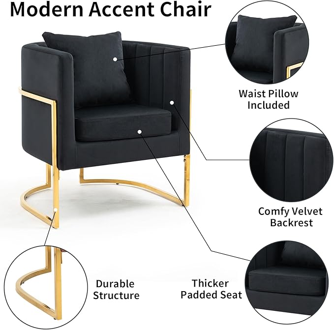 Velvet Modern Accent Chairs Set of 2, Upholstered Barrel Armchair Mid Century with Pillow for Living Room, Comfy Single Vanity Chair with Metal Gold Legs for Bedroom, Black
