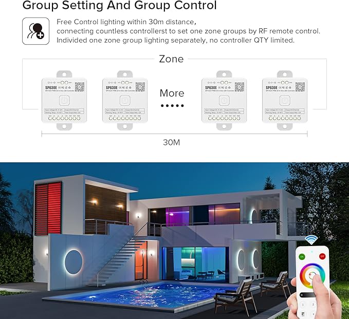 BTF-LIGHTING SP630E Bluetooth Controllers 4 Zones 2.4GHz RF RB4 Remote Kit Support FCOB COB SMD PWM RGBCCT RGBWW LED Strip DC5V DC12V DC24V